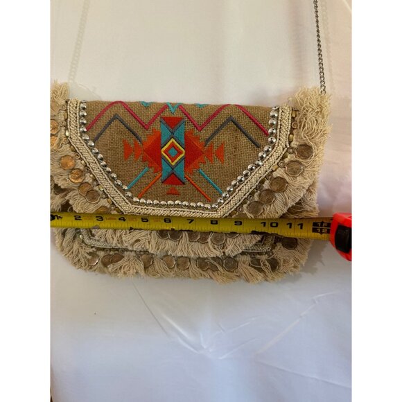 NWT Antik Kraft Boho Embroidered Fringe Crossbody Bag Coin Accents Chain Santa F - Picture 5 of 16